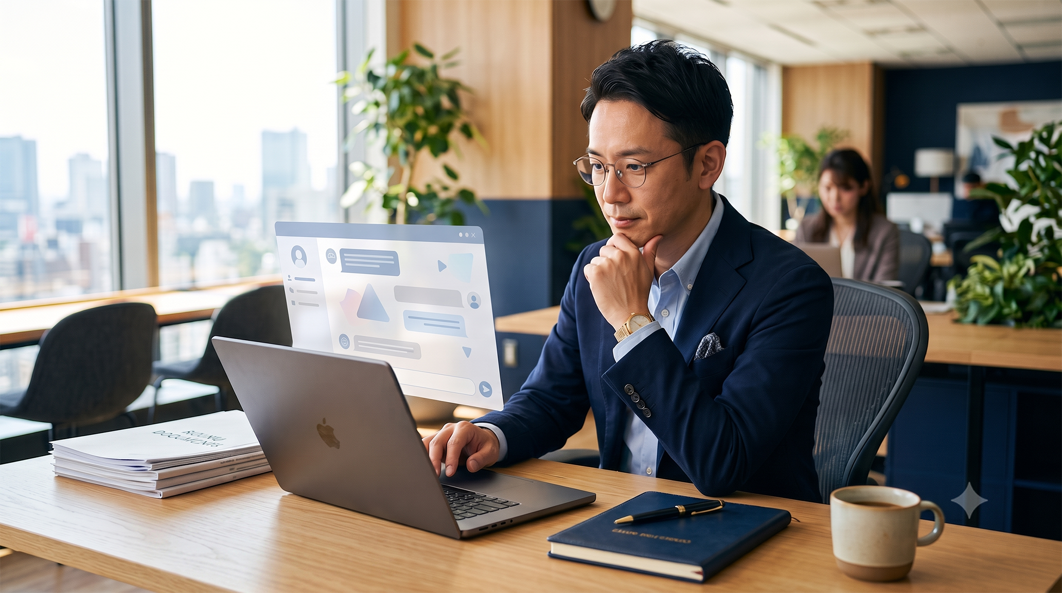 AIチャット画面を見ながら業務にあたる社労士のイメージ写真